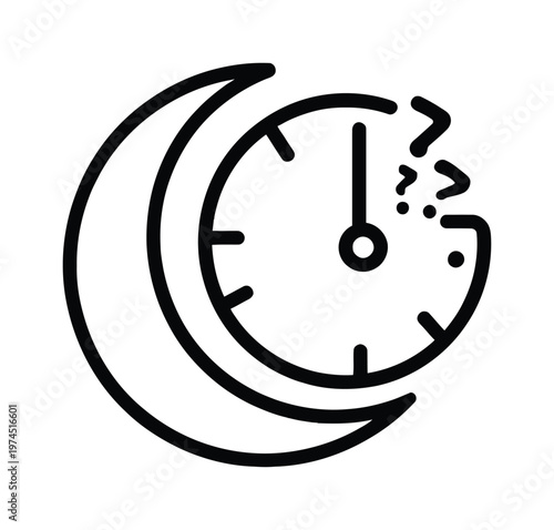 Vector graphic of a crescent moon with a clock indicating sleep time