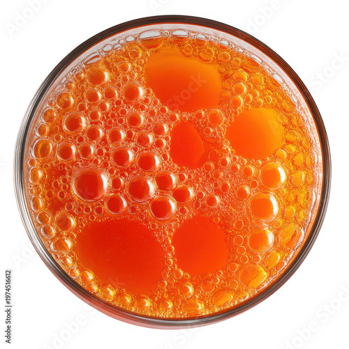 A top down view of a glass filled with freshly squeezed orange juice with small bubbles on top isolated on transparent background