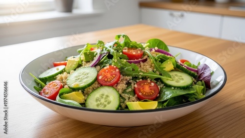 A vibrant salad bowl with various fresh ingredients on a wooden table, with light from the window