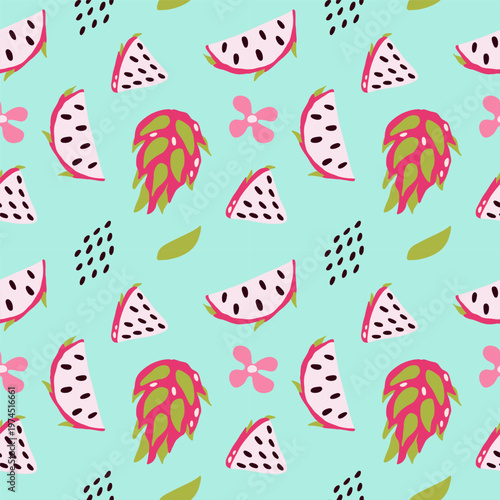 Vector pattern of dragon fruit on a light background. Exotic fruit, Pitahaya, fabric, pattern