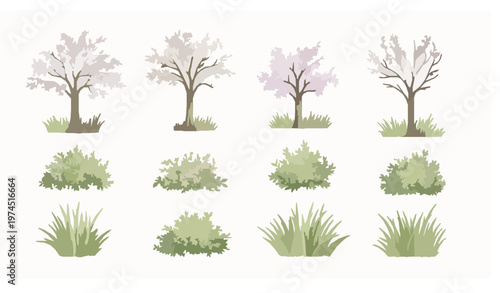 Watercolor spring trees and blooming shrubs with grass set for landscape elevation and eco design vector illustration