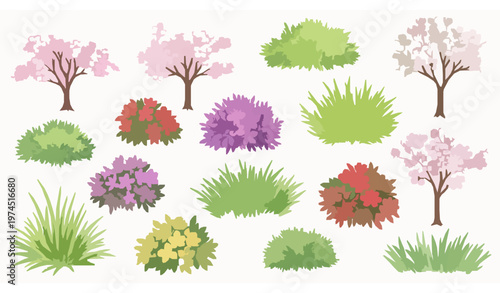 Spring landscape watercolor elements with flowering trees shrubs and grass for eco environment vector design