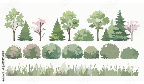 Watercolor tree and blooming shrub set with spring grass for landscape elevation and environmental vector illustration