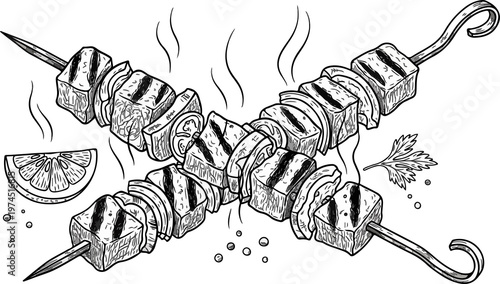 Εκτύπωση καμβά Grilled Shish Kebab Skewers Sketch Vector Illustration