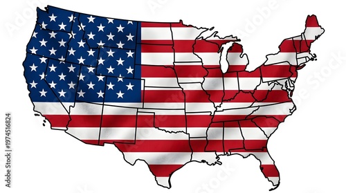Detailed map of the united states filled with waving american flag pattern and stars showing patriotic design