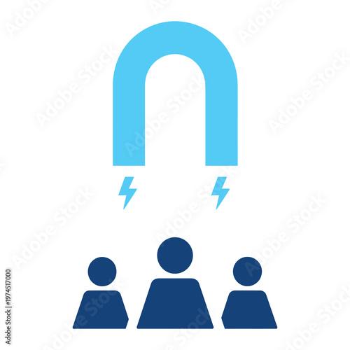Blue vector magnet attracting three people with lightning bolts in a minimalist illustration