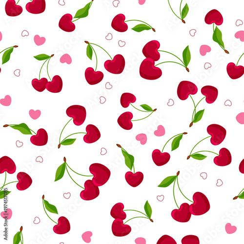 Heart shaped cherries and green leaves on white background vector seamless pa...