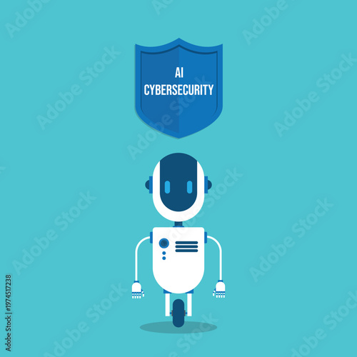 AI cybersecurity protection concept with robot assistant shield security technology digital data protection system for app interface dashboard and online network safety
