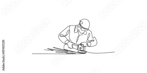 A man in a hard hat using an angle grinder on a piece of metal