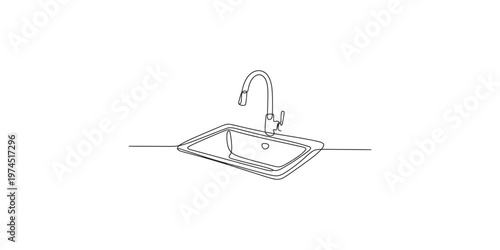 A line drawing of a kitchen sink with a single handle faucet plumbing basin washbasin