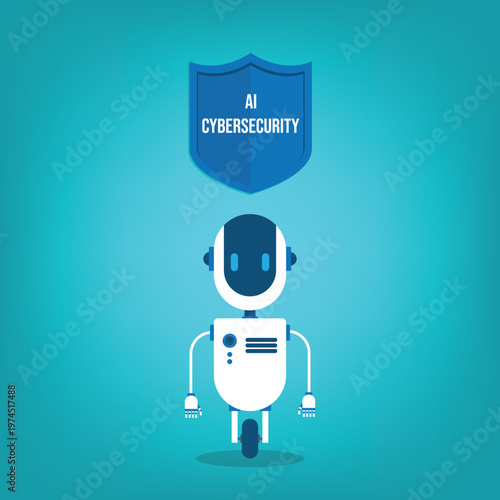 AI cybersecurity protection concept with robot assistant shield security technology digital data protection system for app interface dashboard and online network safety
