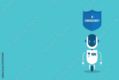 AI cybersecurity protection concept with robot assistant shield security technology digital data protection system for app interface dashboard and online network safety
