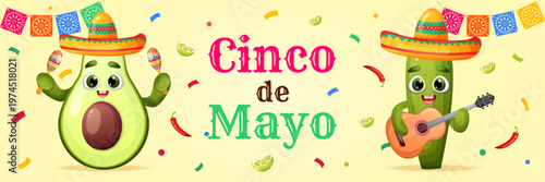 Cinco de mayo festival banner with cute cartoon avocado and cactus characters in sombrero playing on guitar and maracas