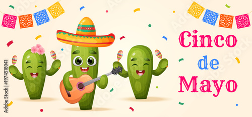 Festive cinco de mayo banner with cute cartoon cactus playing guitar and maracas. Mexican fiesta background with papel picado flags and confetti accents