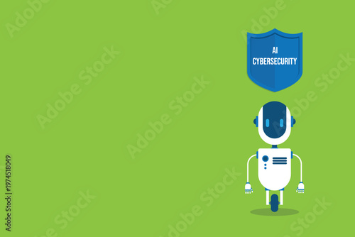 AI cybersecurity protection concept with robot assistant shield security technology digital data protection system for app interface dashboard and online network safety
