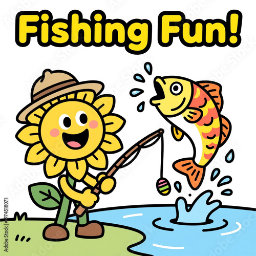 Fishing fun sunflower kid cute summer cartoon