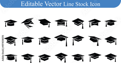 Assortment of black silhouette graduation cap icons, displaying different perspectives and styles with tassels