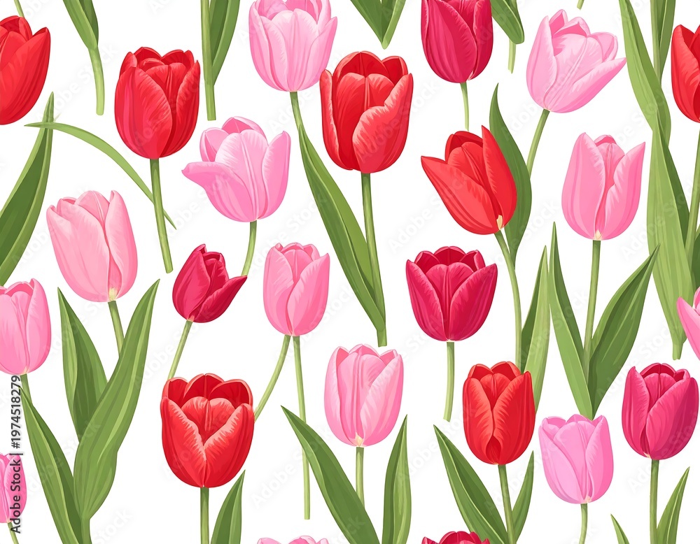 Obraz premium A vibrant floral pattern featuring red and pink tulips