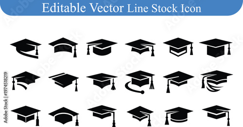 Dynamic graduation cap editable vector line stock icon collection with education academic university achievement