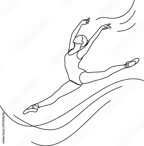 Graceful ballerina dancer performing leap with flowing motion lines line art vector illustration for ballet performance and elegance concept