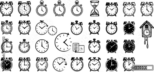 Time Management Concepts Black  White Line Art Icons Set. Hand-Drawn Clocks, Alarm Clocks, Hourglass, and Cuckoo Clock Vector Graphics Collection.