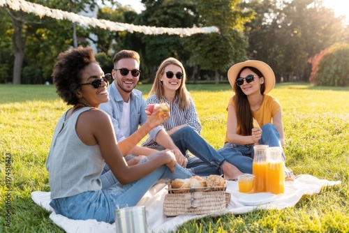 Diverse Group of Friends Enjoying Summer Picnic in Sunny Park, Outdoor Social Gathering and Leisure Lifestyle