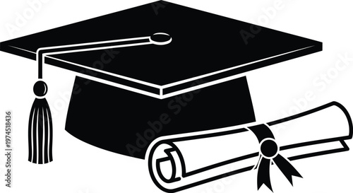 Black graduation cap with tassel and rolled diploma scroll. academic success symbol for higher education, academic