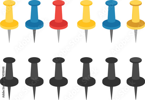 Colorful push pin set with shadows isolated for office and map marking use