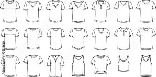 Fashion Apparel Collection: Black and White Line Art Vector Illustration of Various T-Shirts, Tops, and Garments Including Crew Neck, V-Neck, Polo, and Tank Tops