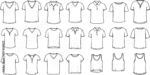 Fashion Apparel Blank T-shirts, Polo Shirts, and Tank Tops Line Art Sketch Collection for Clothing Design Mockup Templates in Black  White