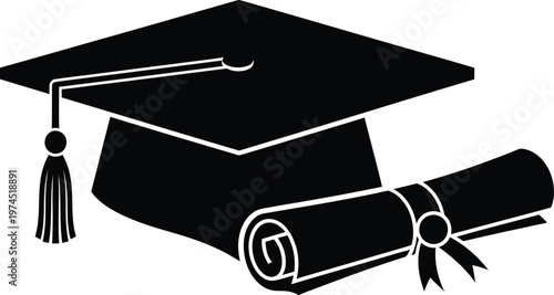 Black silhouette of a graduation cap with a long tassel and a tightly rolled diploma scroll tied with ribbon
