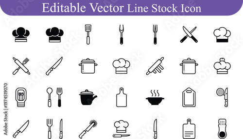 Editable vector line stock icon set of diverse kitchen and cooking utensils and tools with chef hat, rolling pin
