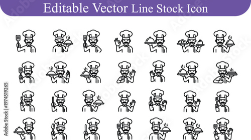 Editable vector line icons set of male chefs with various kitchen tools and serving dishes restaurant culinary
