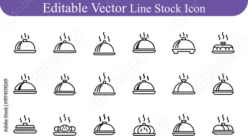 Collection of editable vector line stock icons featuring hot food serving cloches with steam, restaurant