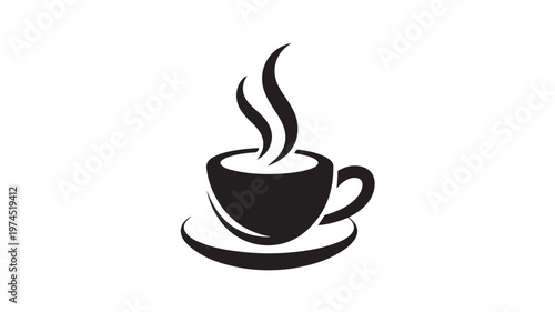 Coffee Cup Silhouette with Steam, Steaming Hot Beverage Icon on Saucer for Cafe Branding