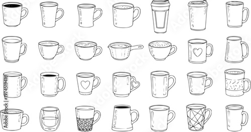 Black and White Line Art Collection of Various Coffee Mugs and Cups, Vector Illustration