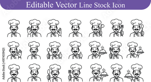 Editable vector line icons set of smiling male chef faces with hats and kitchen cooking tools restaurant culinary