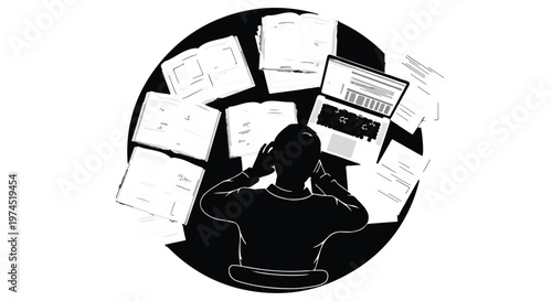 Frustrated businessman sitting at cluttered desk with papers and computer stressed and overwhelmed in office