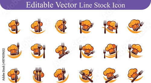 Chef hat fork knife culinary icons set for restaurant and kitchen design elements with culinary, restaurant