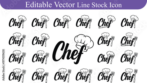 Stylized chef text and hat logo icons set for culinary branding restaurant menus design with typography, culinary