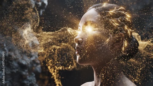 Enlightened Woman with Glowing Eyes and Abstract Energy Flowing from Her Head.