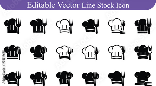 Minimalist black and white chef hat fork knife icons set for restaurant and cafe branding culinary