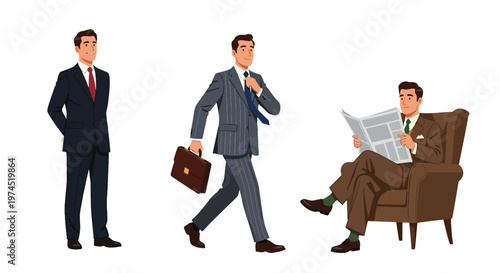 Collection set vector flat style of 3 businessman characters wearing formal suits in different poses, corporate professional people isolated on clean background for business and office concepts