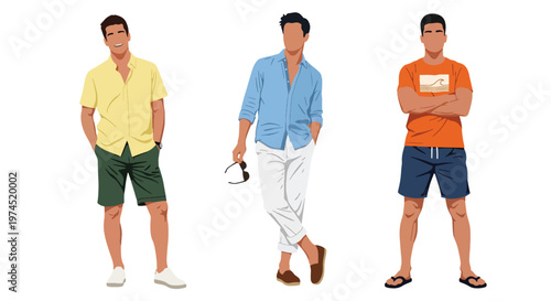 Collection set vector flat style of 3 men wearing summer beach outfits, relaxed vacation style characters isolated on clean background for holiday and travel concepts