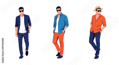 Collection set vector flat style of 3 men wearing summer beach outfits, relaxed vacation style characters isolated on clean background for holiday and travel concepts