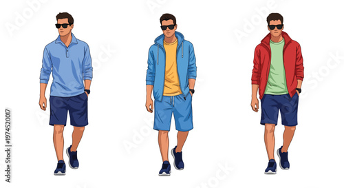 Collection set vector flat style of 3 men wearing summer beach outfits, relaxed vacation style characters isolated on clean background for holiday and travel concepts