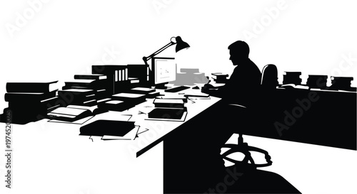 Businessman working on computer in modern office space with papers and books, professional workspace silhouette