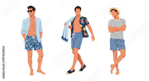Collection set vector flat style of 3 men wearing summer beach outfits, relaxed vacation style characters isolated on clean background for holiday and travel concepts