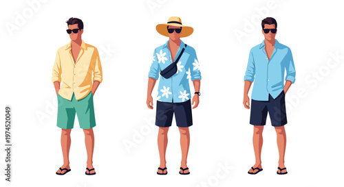 Collection set vector flat style of 3 men wearing summer beach outfits, relaxed vacation style characters isolated on clean background for holiday and travel concepts