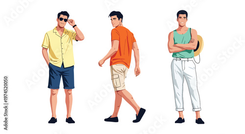 Collection set vector flat style of 3 men wearing summer beach outfits, relaxed vacation style characters isolated on clean background for holiday and travel concepts
